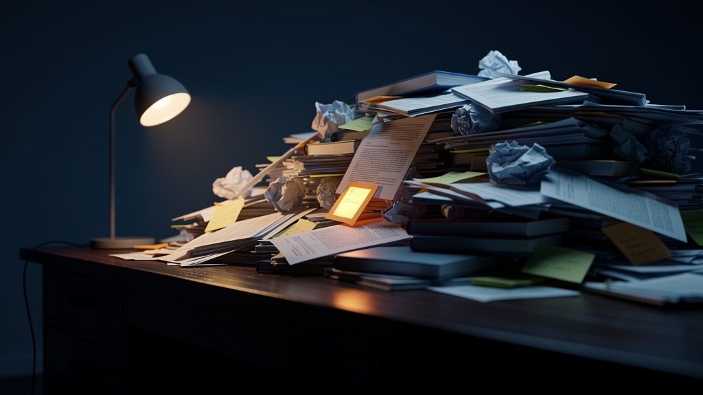 A desk buried under an overwhelming pile of papers and sticky notes, with one small note glowing amber under a single desk lamp
